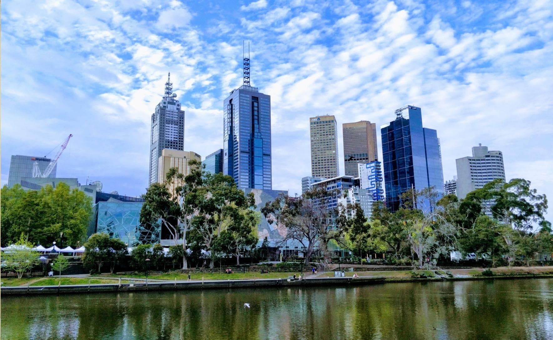 View of tall city buildings behind a lake lined with trees