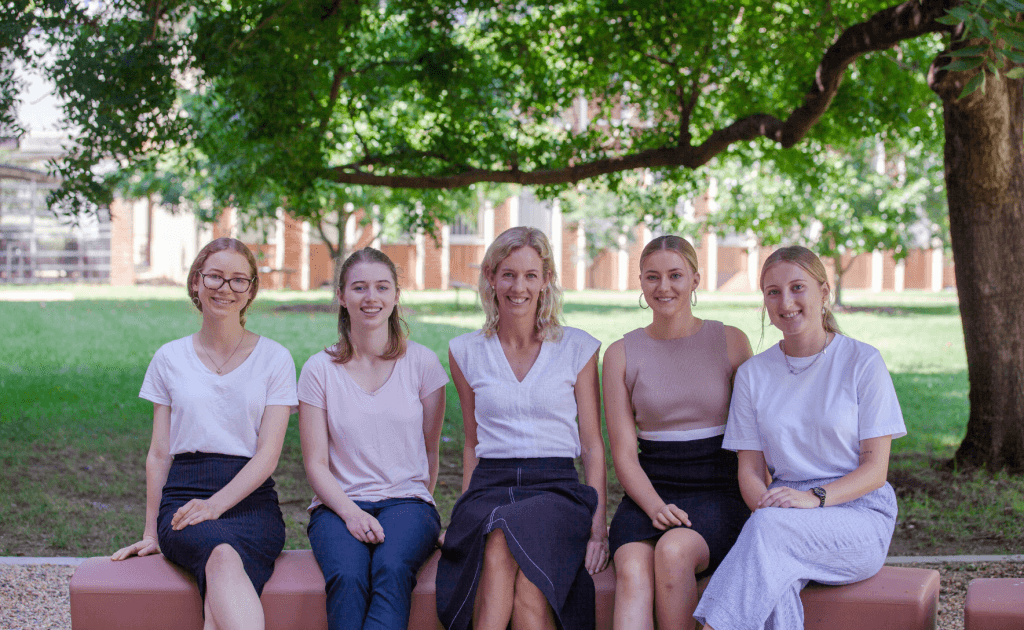 Kim Jackson (centre) with scholarship finalists (from left) Kayleigh Sleath, Ella Lord, Dechen Clarke and Josie Bates. Photo: Megan Steele-Ferguson/ANU