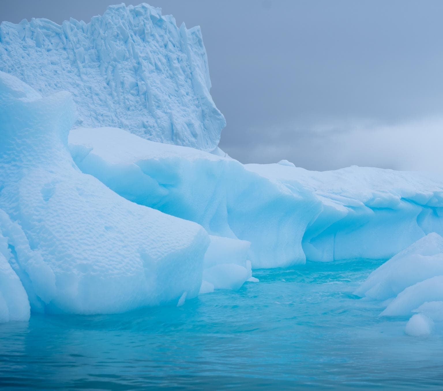 ice sheets and blue water are pictured in front of a grey sky