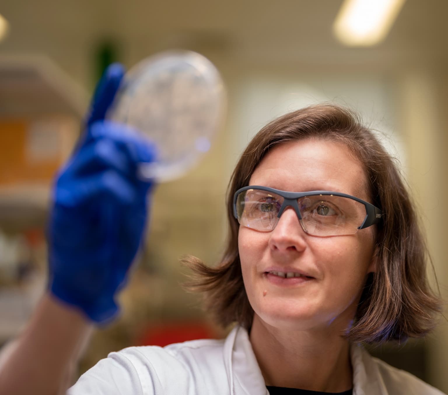 Associate Professor Caitlin Byrt holding a plant pot. She is wearing a white lab coat, blue gloves and protective eyewear.