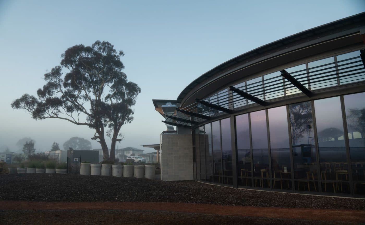 An exterior angle of the Wildbark learning centre against the backdrop of trees and morning mist. 