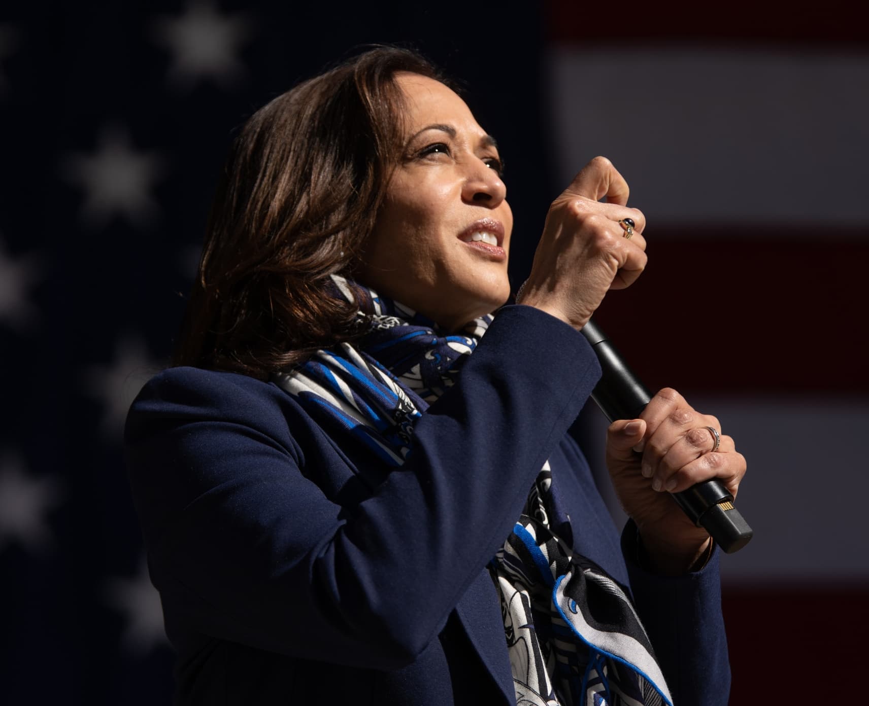 Kamala Harris speaks at a campaign event in front of American flag