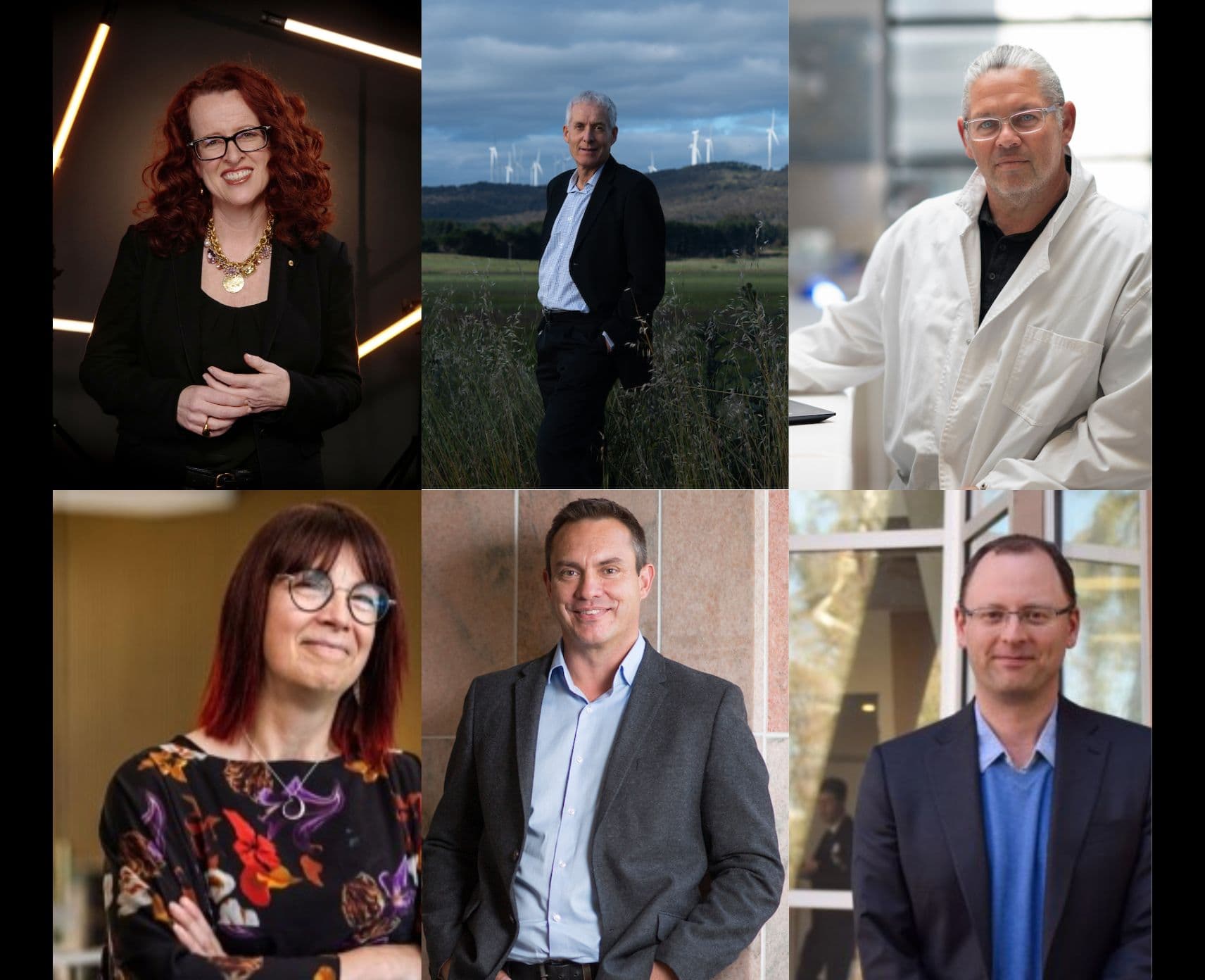 A collage image of Genevieve Bell, Andrew Blakers, Alex Brown, Paul Burke, Ray Lovett and Helen Sullivan