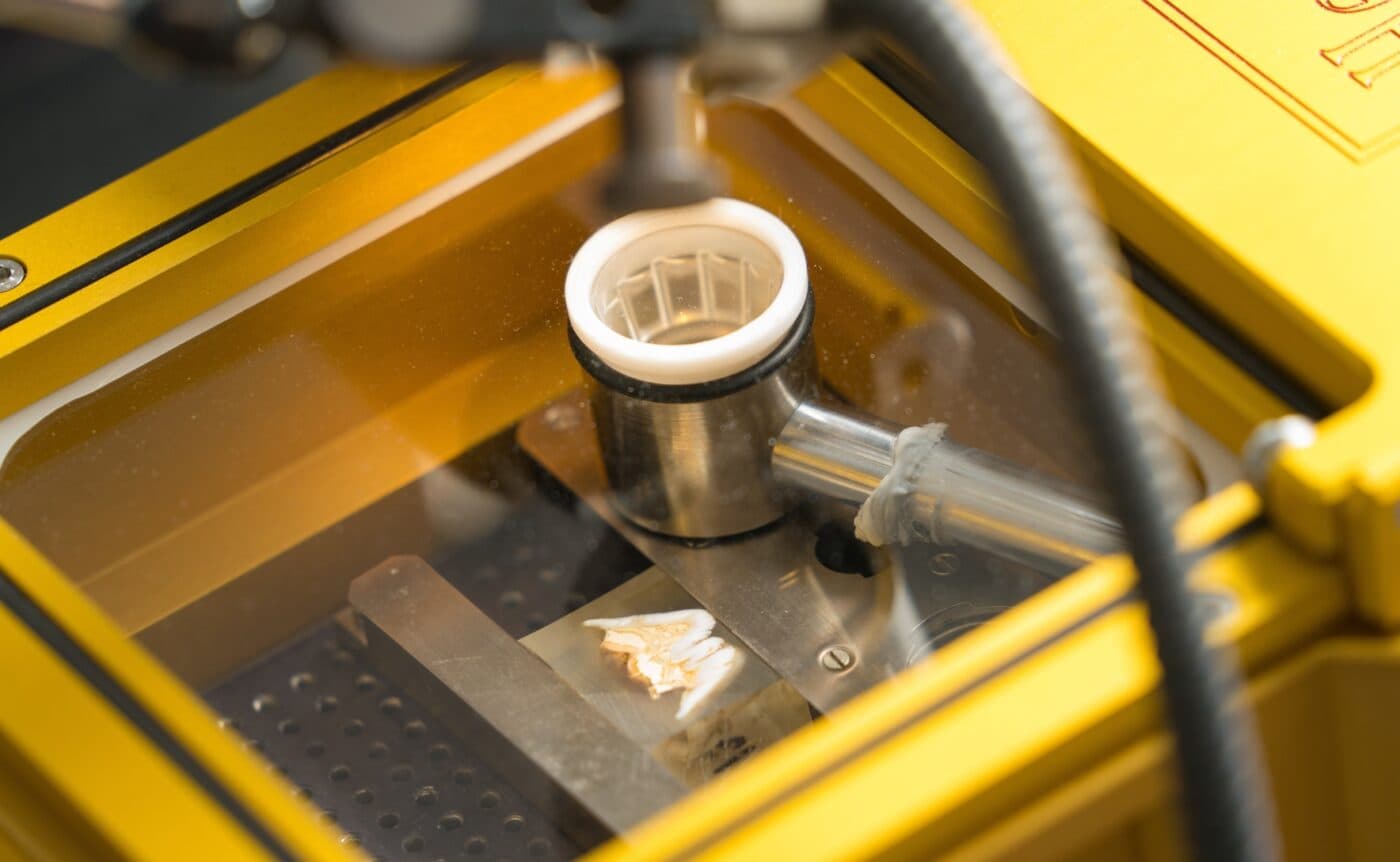 A sample of ancient boar teeth being analysed by a piece of machinery in the lab