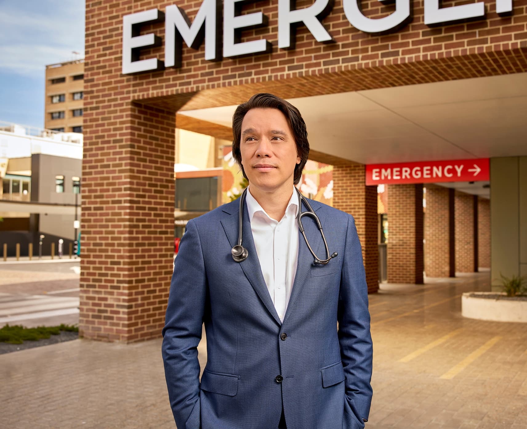 Simon Jiang looks to distance outside an emergency department of a hospital