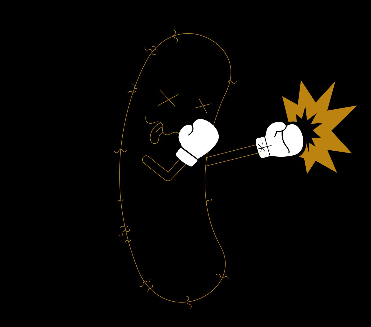 A gold outline of a bacteria with crosses for eyes and a tongue sticking out. The bacteria has little arms and is wearing white boxing gloves. The bacteria's right hard is held near its face and its left arm is outstretched. At the end of the left boxing glove is a gold explosion effect.