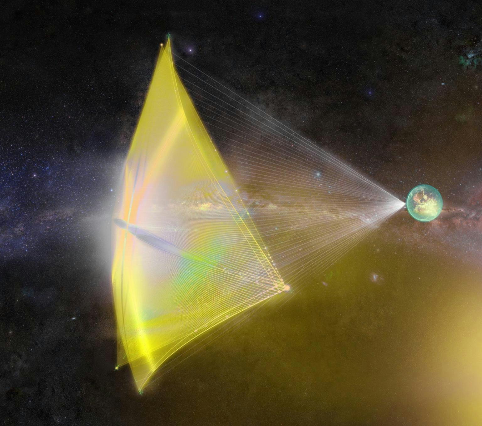 image of space. There is a green circle with white lights emitted from a point on the circle that reach to a large yellow triangle shape