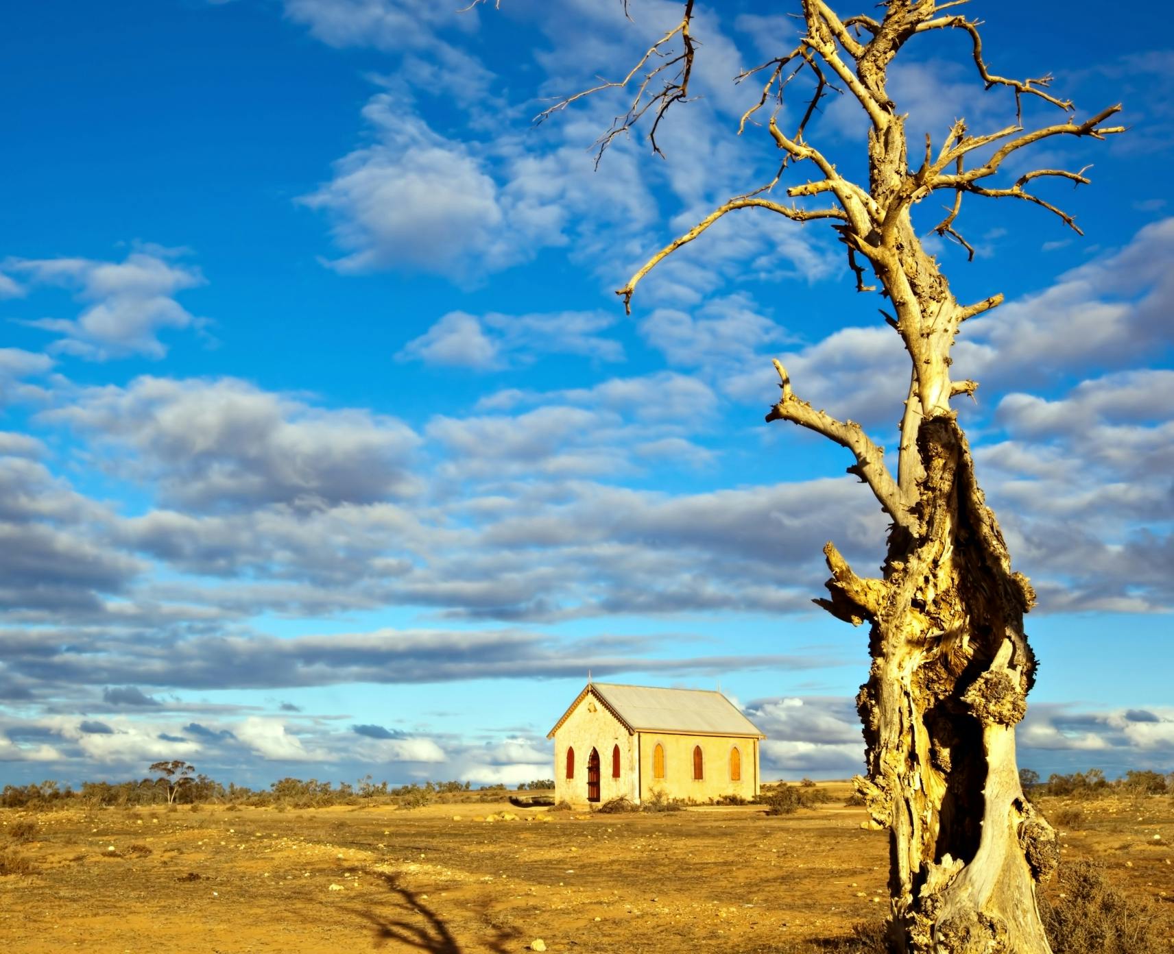 Abandoned church in the desert, in sunset light. Dead tree in foreground. Silverton, New South Wales, Australia.
