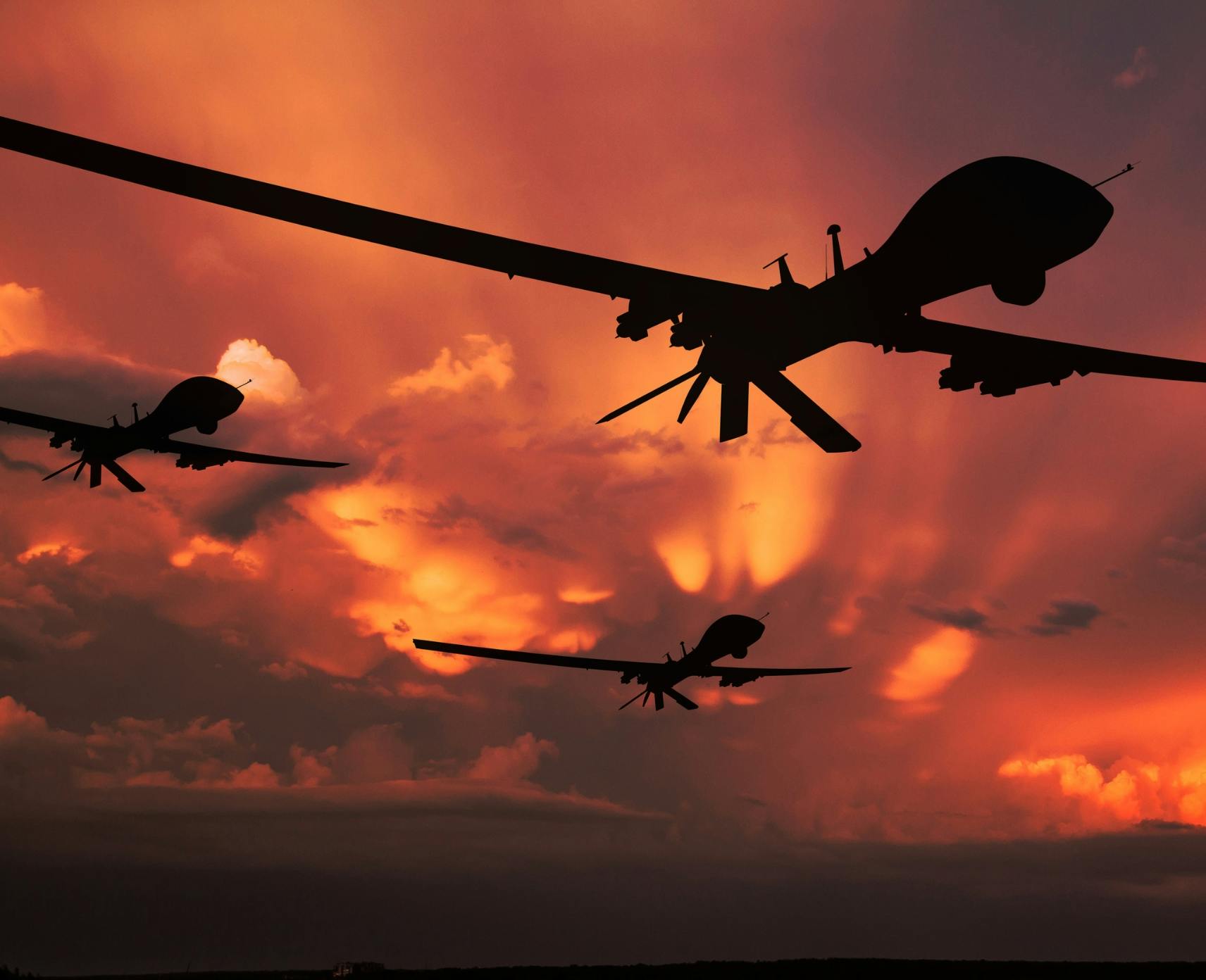 Unmanned drones flying in red skies, AI in war