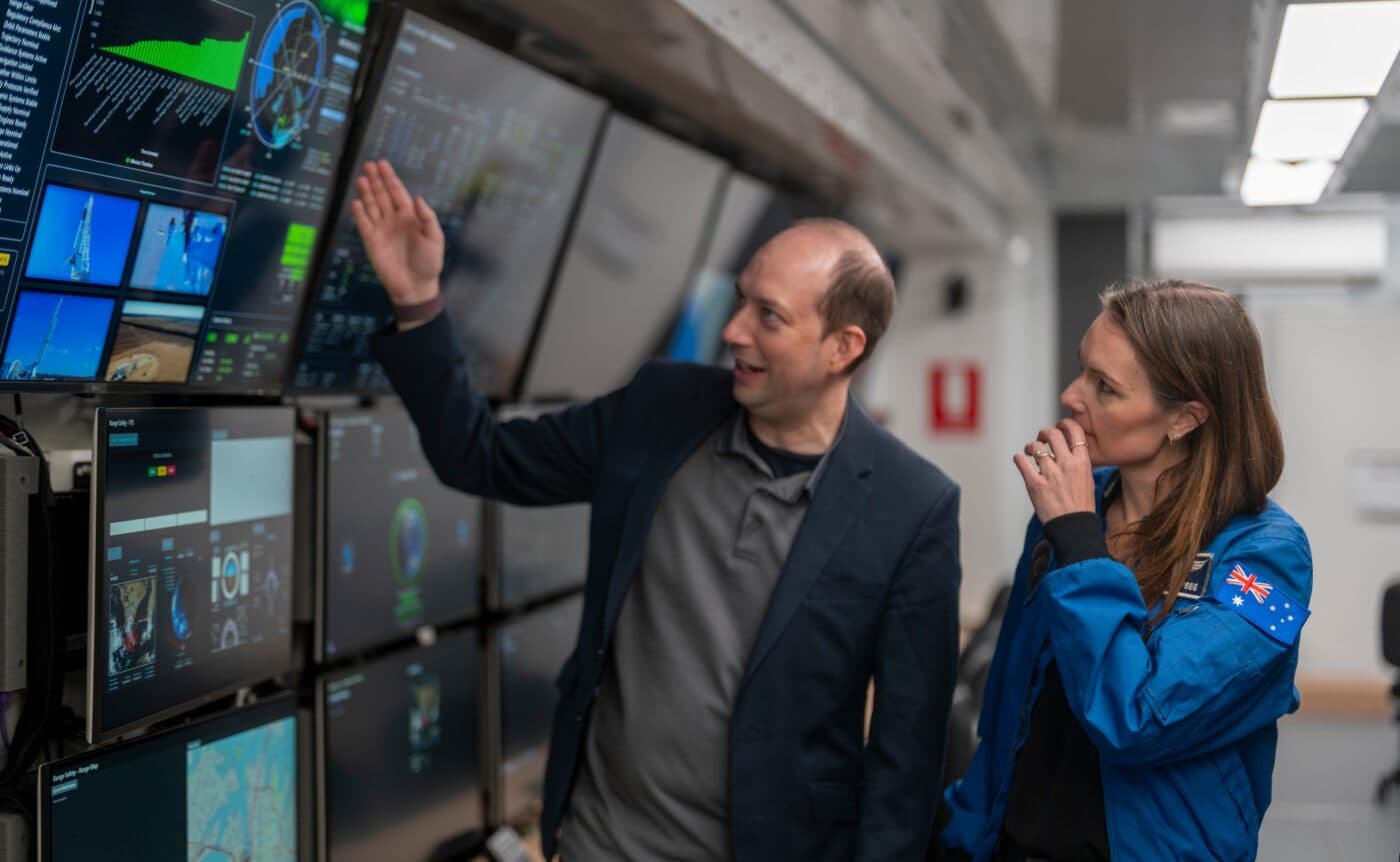 Professor Bennet and Australian astronaut and 2026 Australian of the Year Katherine Bennell-Pegg (right) at the CSIRO Mobile Mission Operations Centre. Photo: Jamie Kidston/ANU