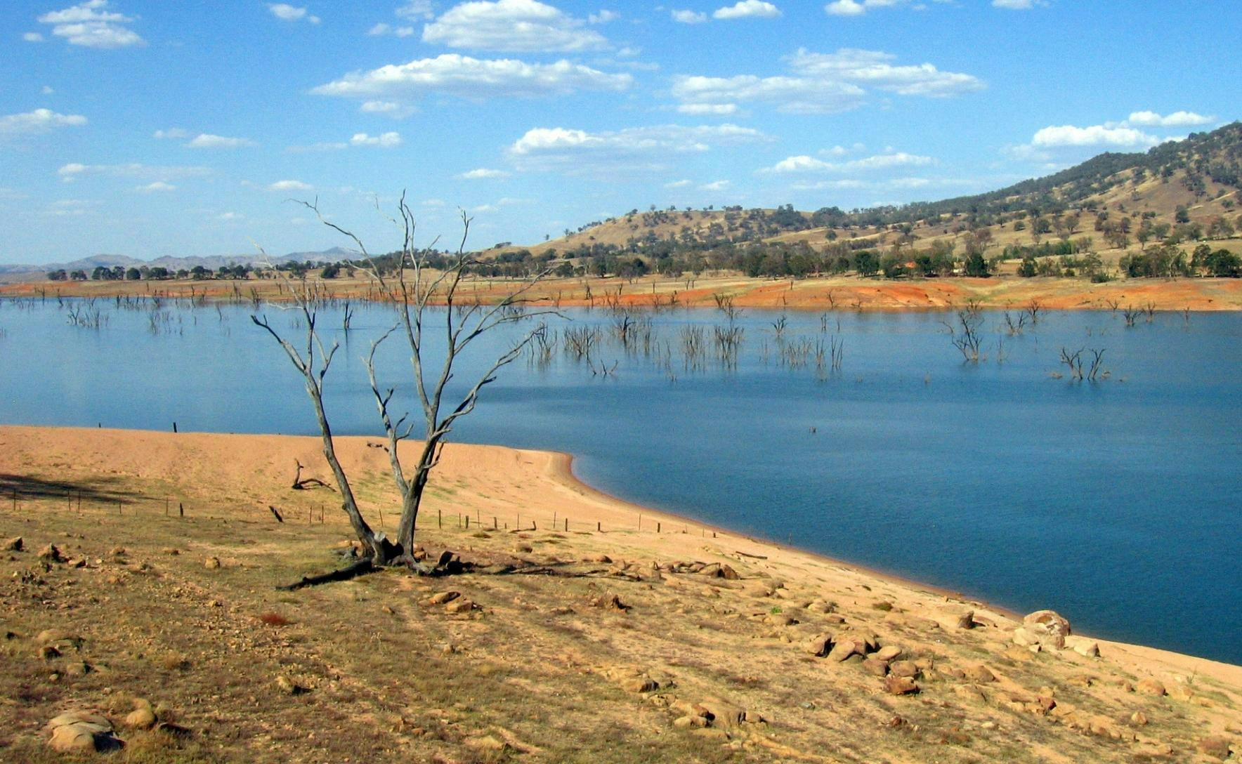 Blue lake surrounded by yellow sandy banks with some trees in the background. A tree in the foreground is dead. The sky is blue and has a few white clouds
