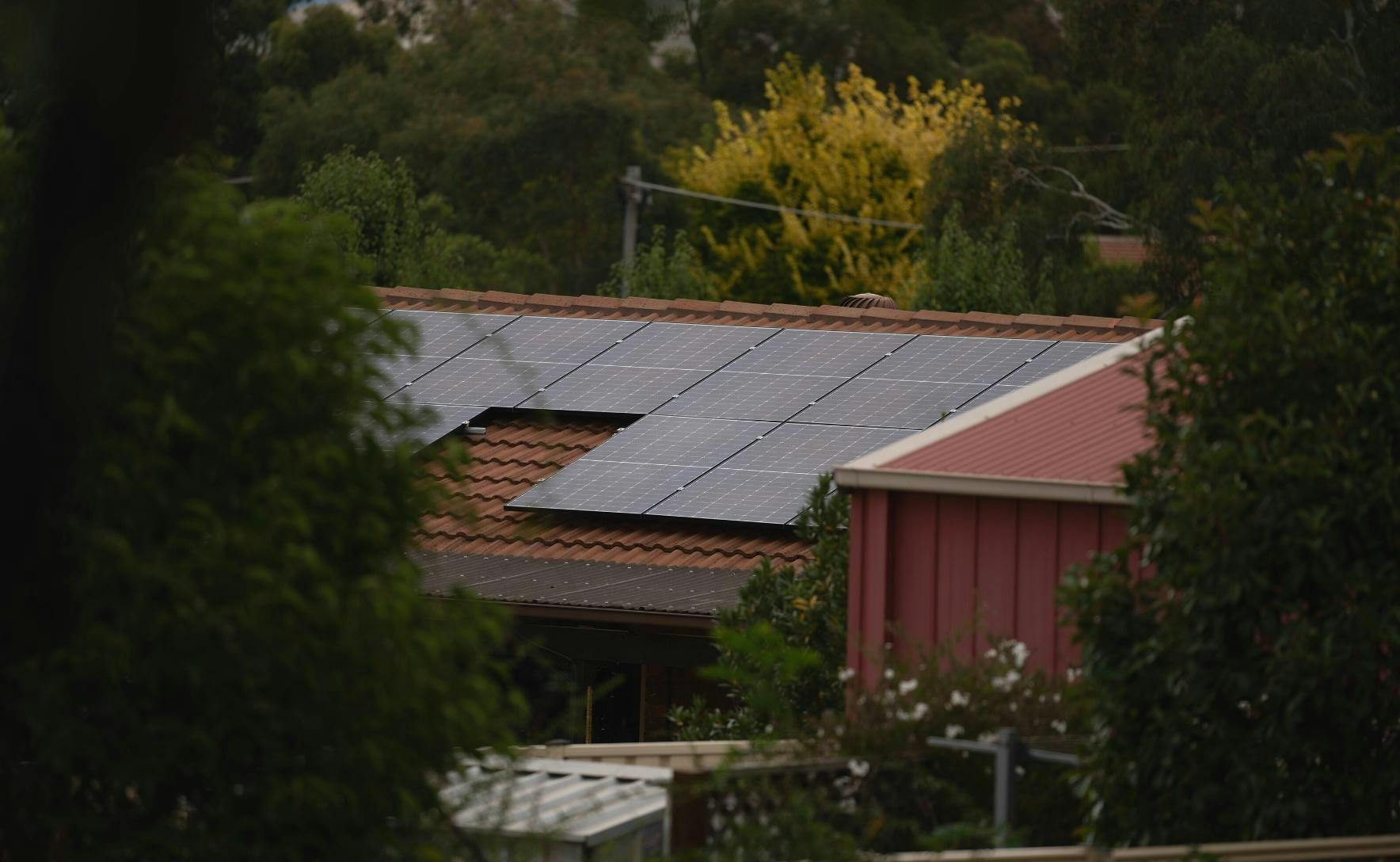Solar panels on a red roofed house. Dark green trees frame the photograph
