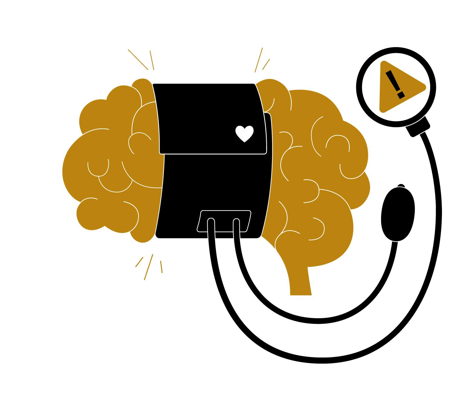 An illustration of a gold brain with a black and white blood pressure monitor wrapped around it.
