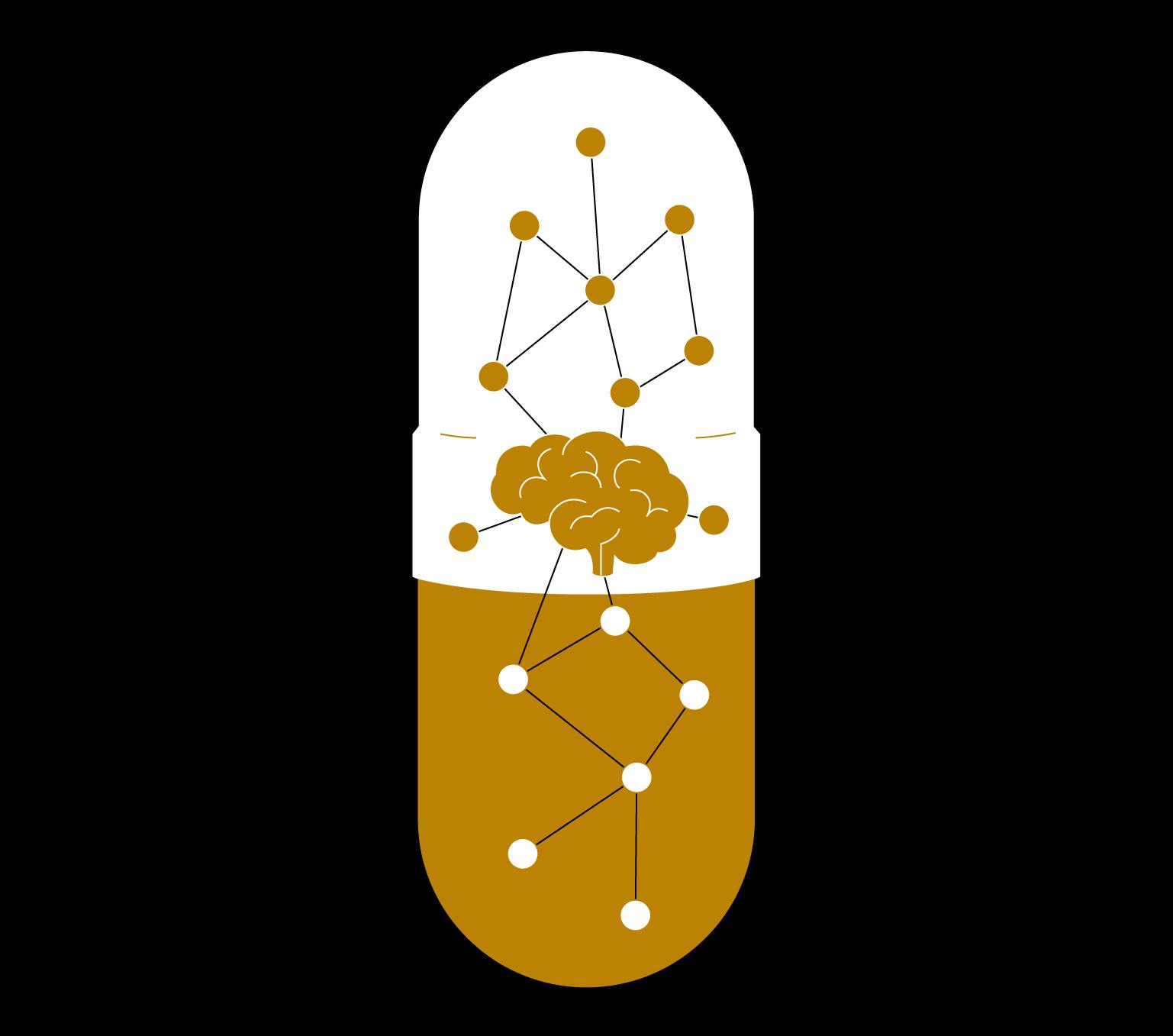 A gold and white illustration of a vertical pill capsule. Inside the pill are dots and lines, similar to DNA, and an image of a brain.