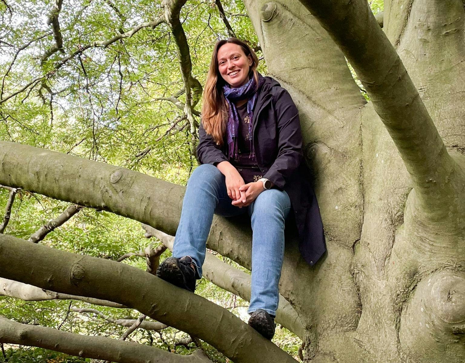 Sarah Bourke, a woman with long light brown hair and wearing jeans, hiking shoes and a rain jacket, sits on the branches of a large tree.
