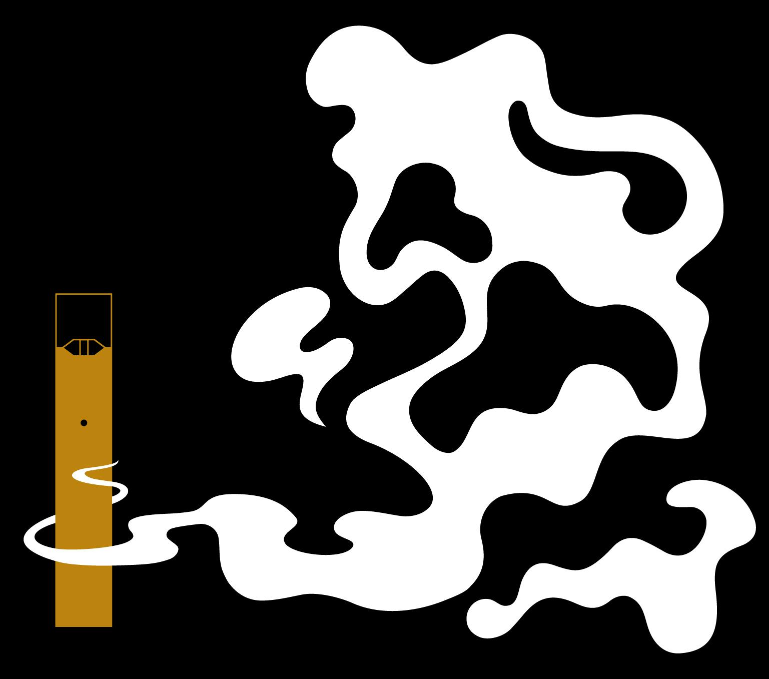 An illustration of a gold e-cigarette on the left against the black background. White 'smoke' coming from the e-cigarette makes the outline of a ghost-like creature showing two eyes and a mouth.