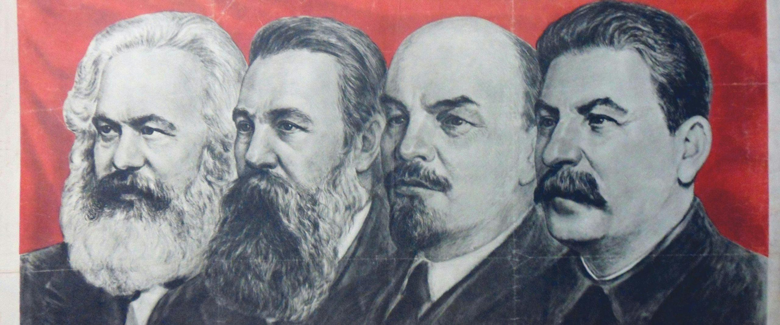 Four men, all with moustaches and two with beards, are shown in black and white against a red background.