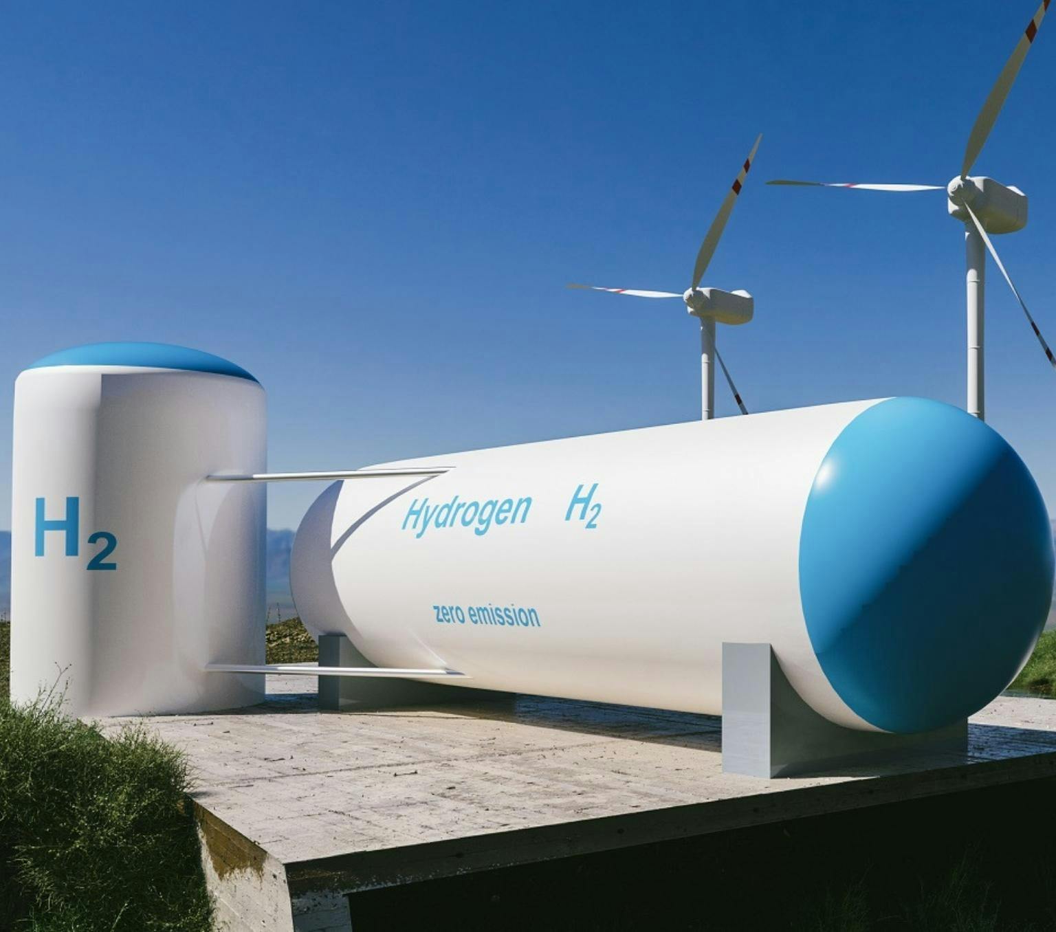 An artist's impression of a hydrogen energy plant, also showing solar panels and wind turbines