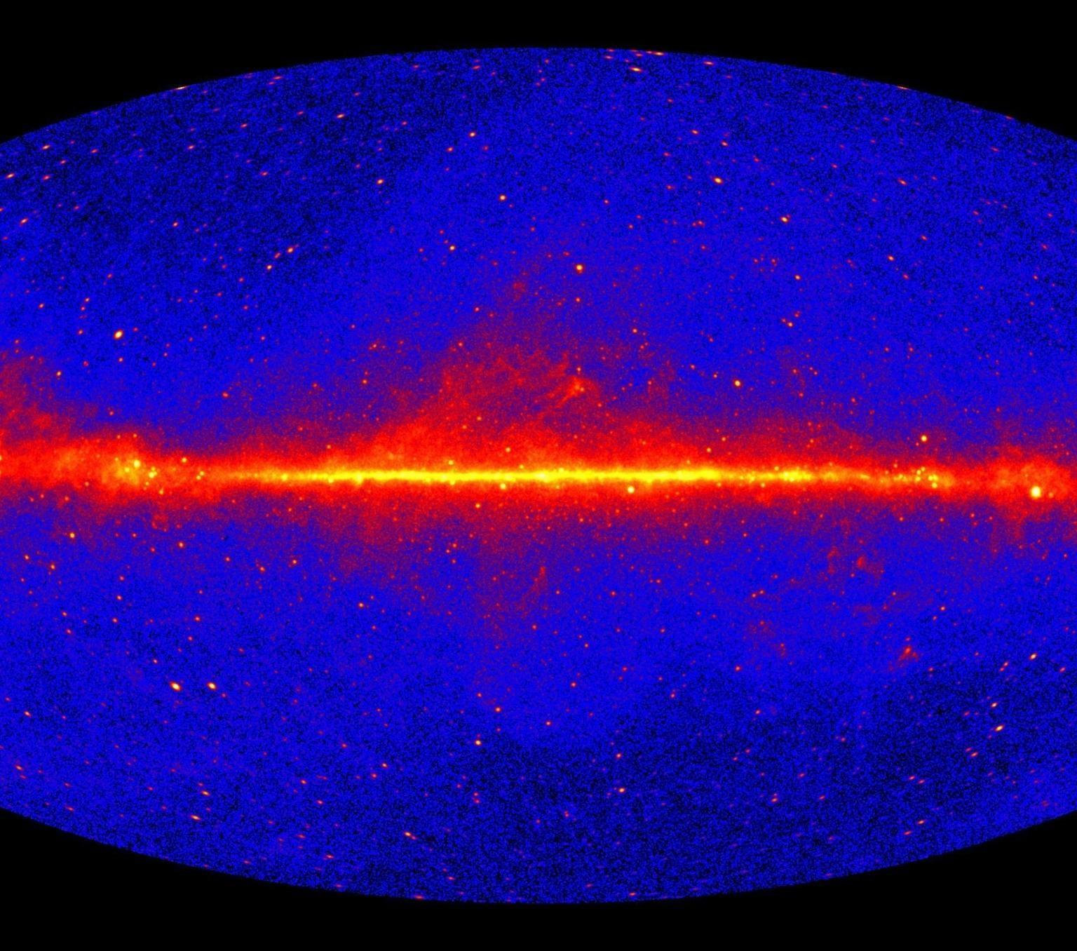 A detailed look at the gamma-ray sky. There is a blue oval with a red, orange and yellow line running through the middle of the oval