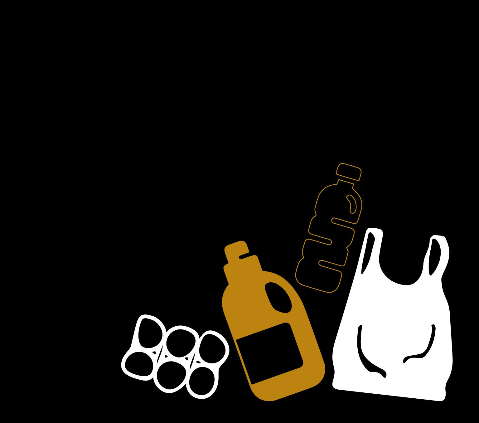 A white plastic bag, two gold plastic bottles and the plastic rings from a six-pack of cans are drawn against a black background.