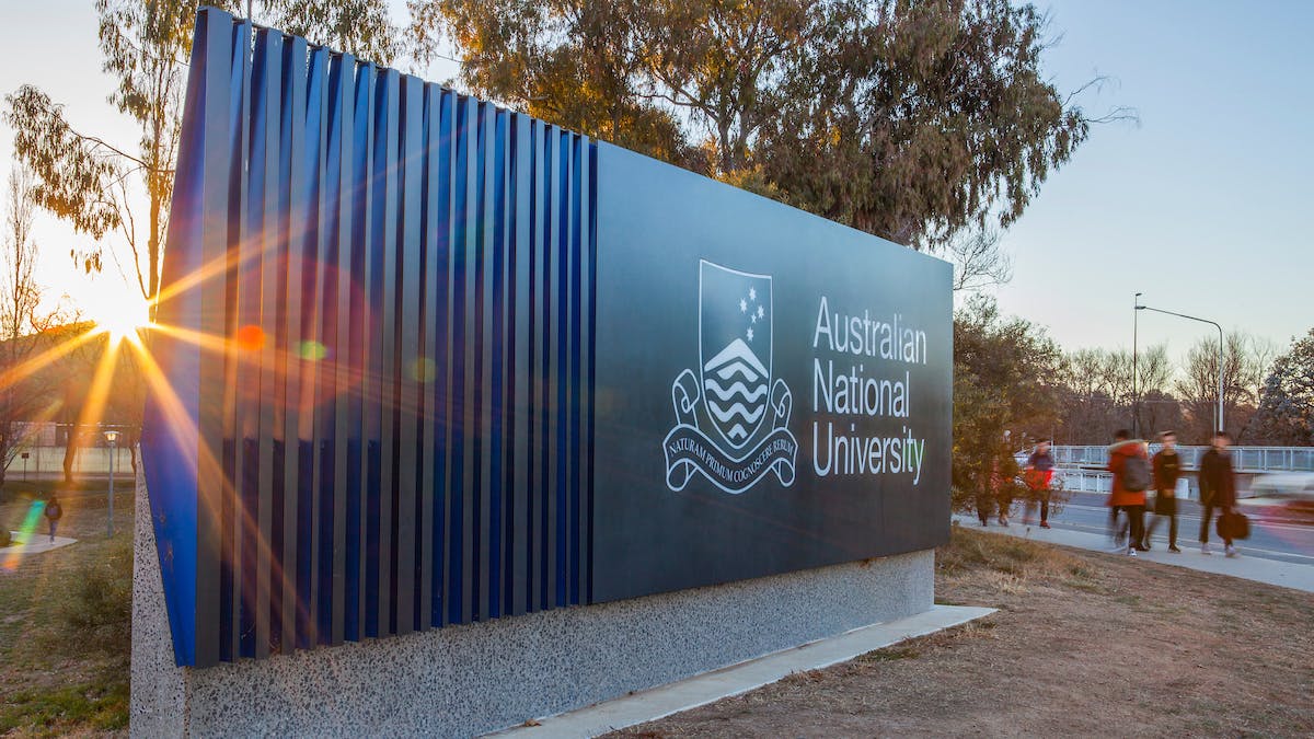 The Australian National University signage on Barry Drive, Canberra, Australia.