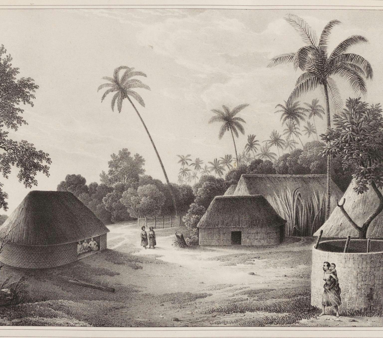black and whit esketch of single story huts and tall palm-like trees