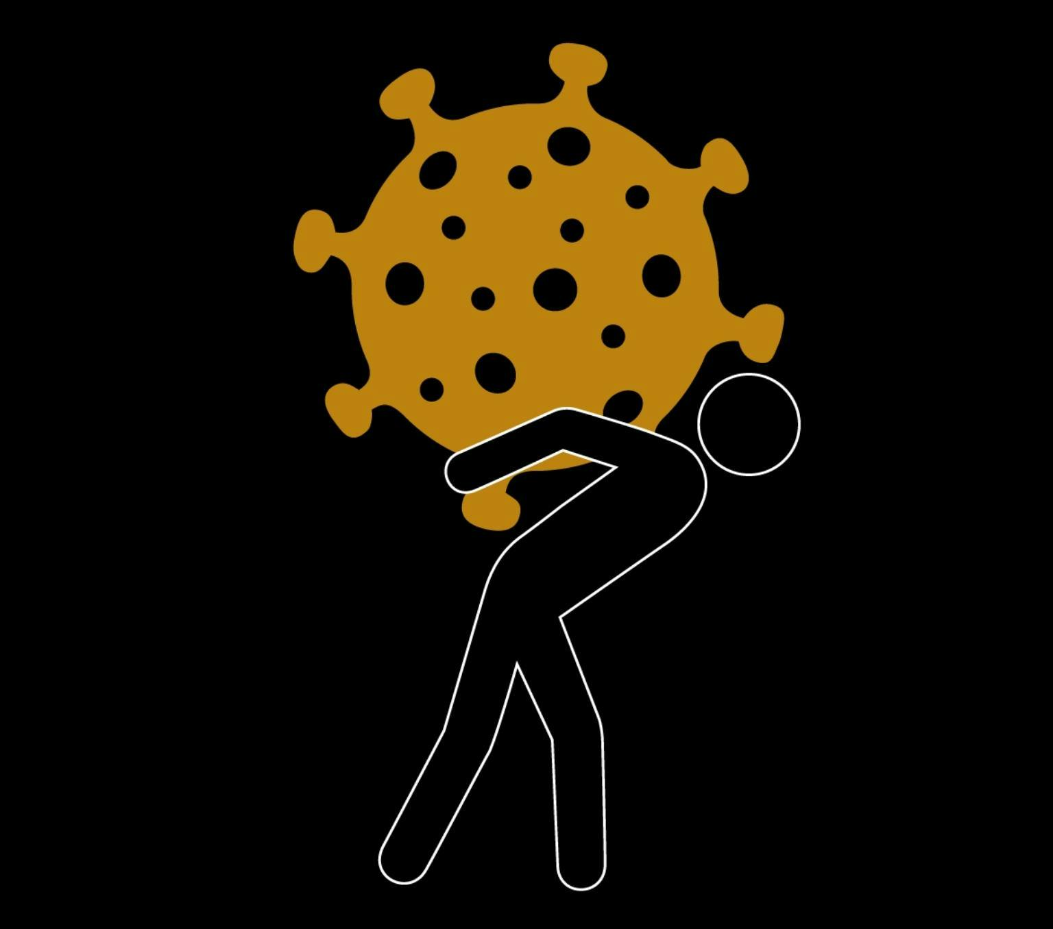 graphic of with the outline of a person holding a large virus shaped structure on their back which is weighing the person down
