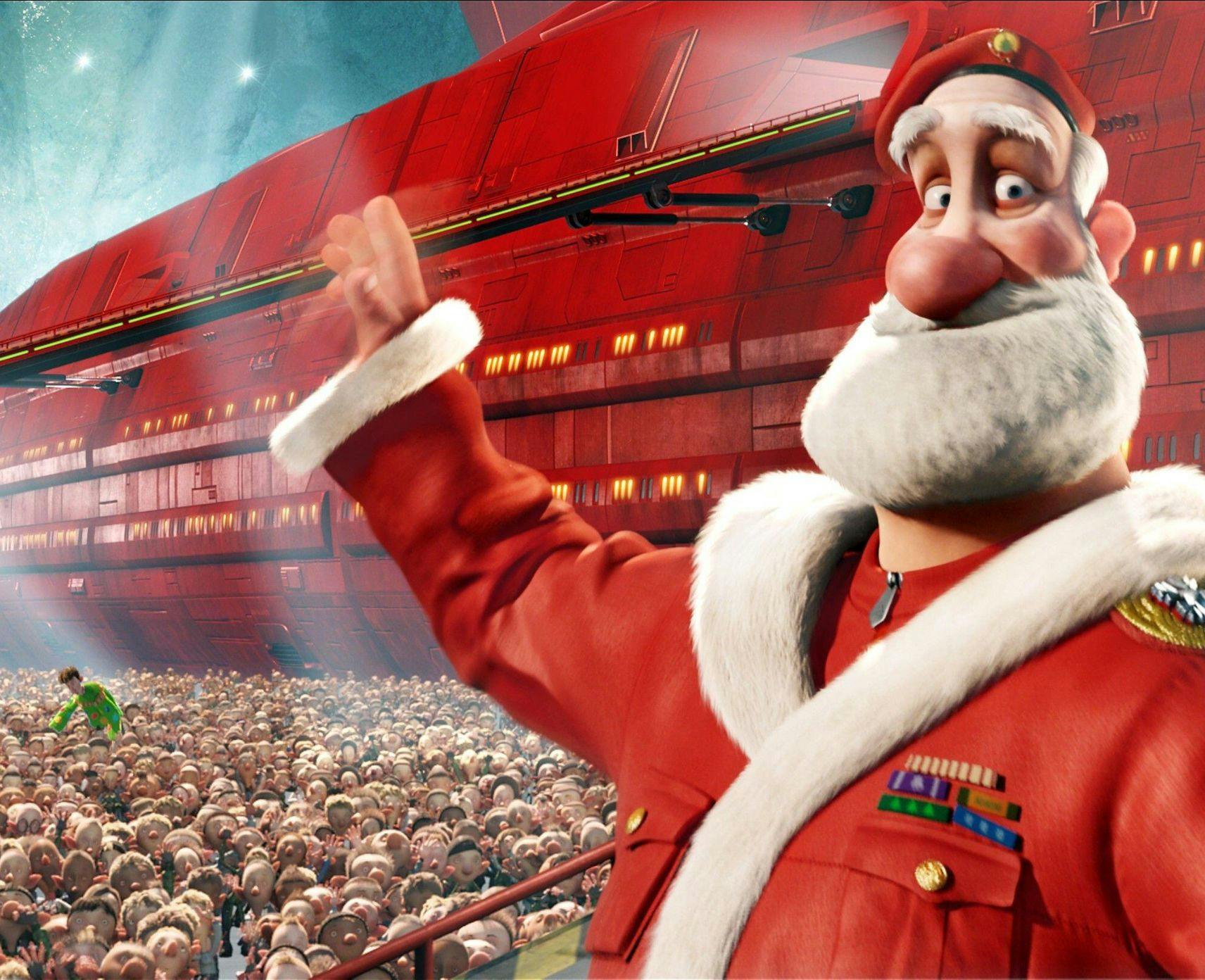 Santa Claus stands in front of a giant red space ship, with his army of elves behind him.