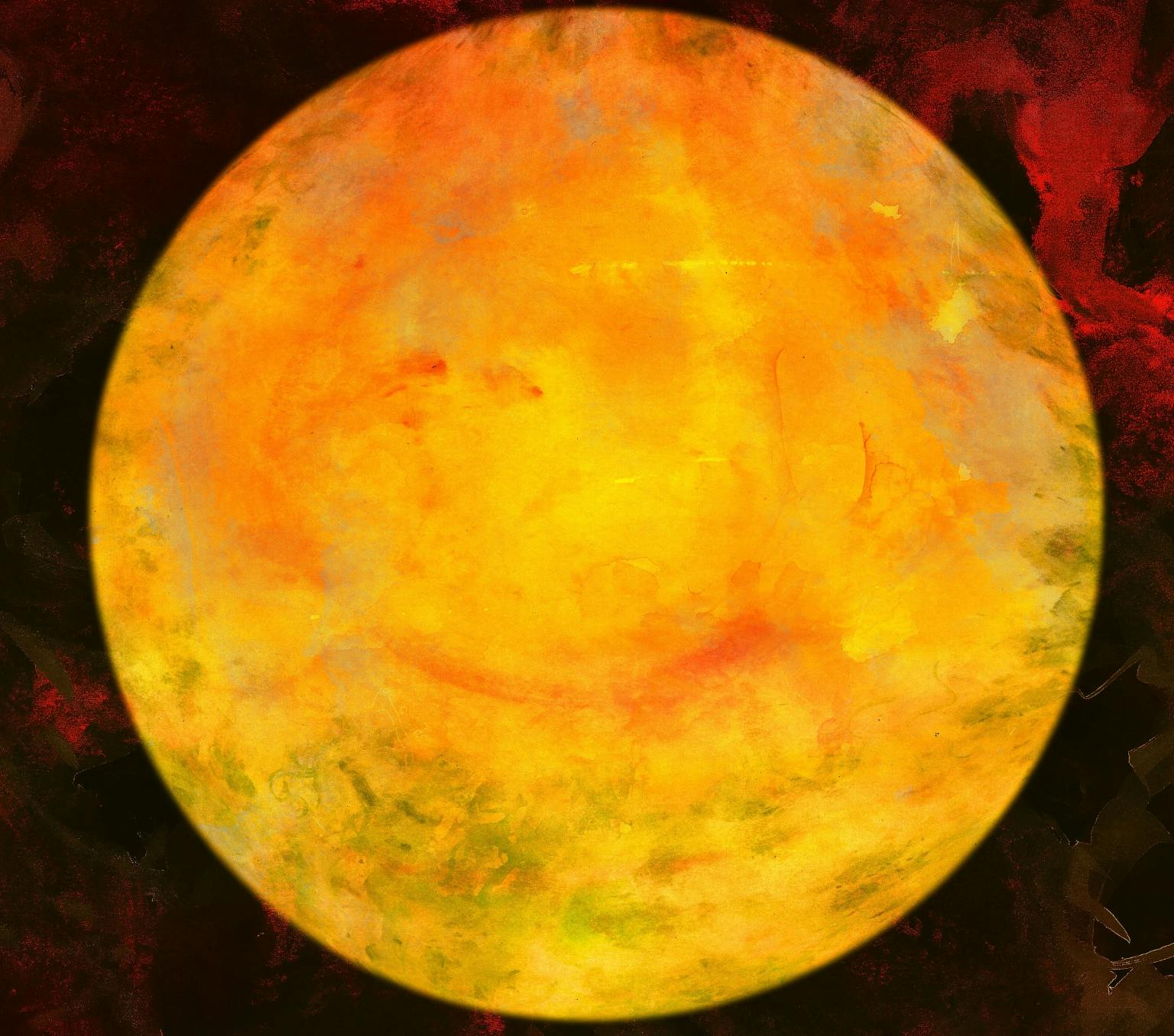 round yellow circle with swirls of red and orange in front of a dark black and red painterly background