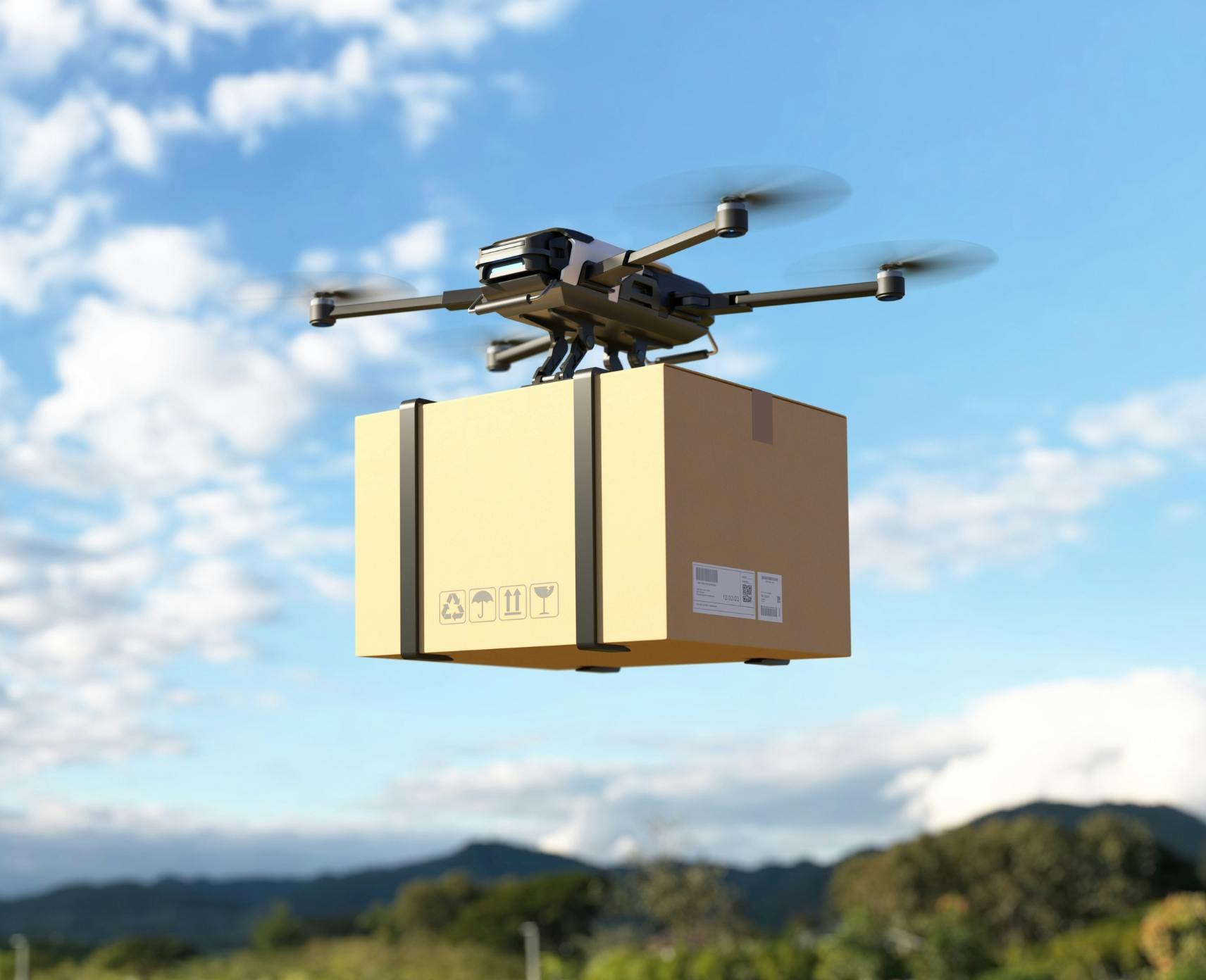 A drone carries a large box in the air.