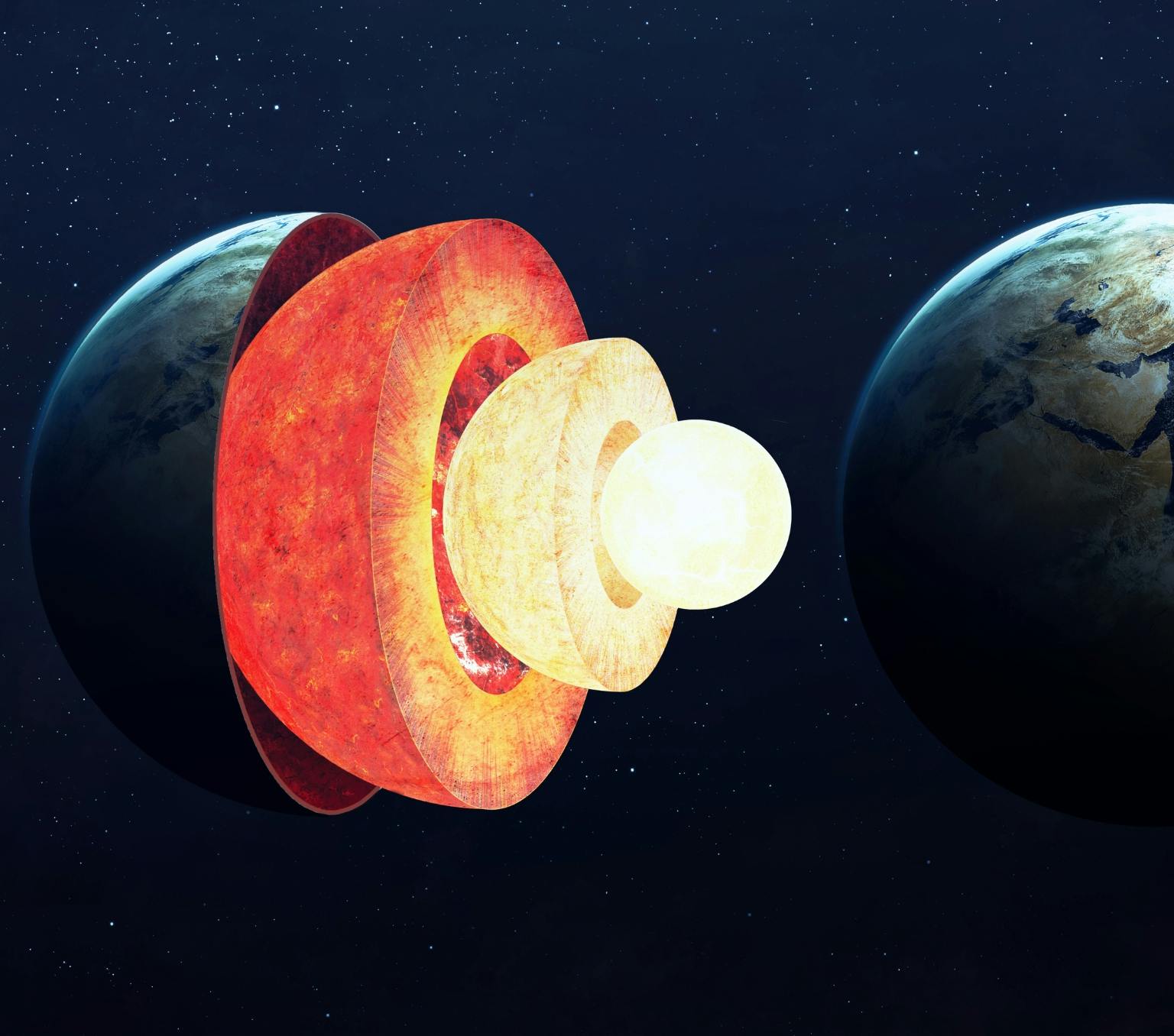 The inside of Earth split into several layers that glow a distinct orange and yellow