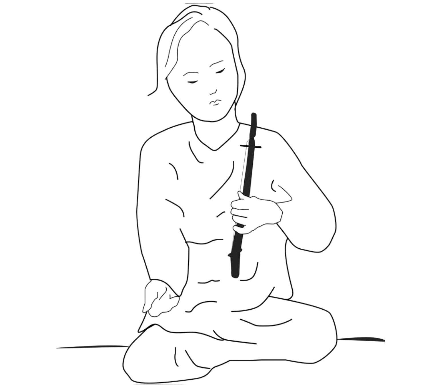 A drawing of a lady sitting cross legged on the floor holding a musical instrument.