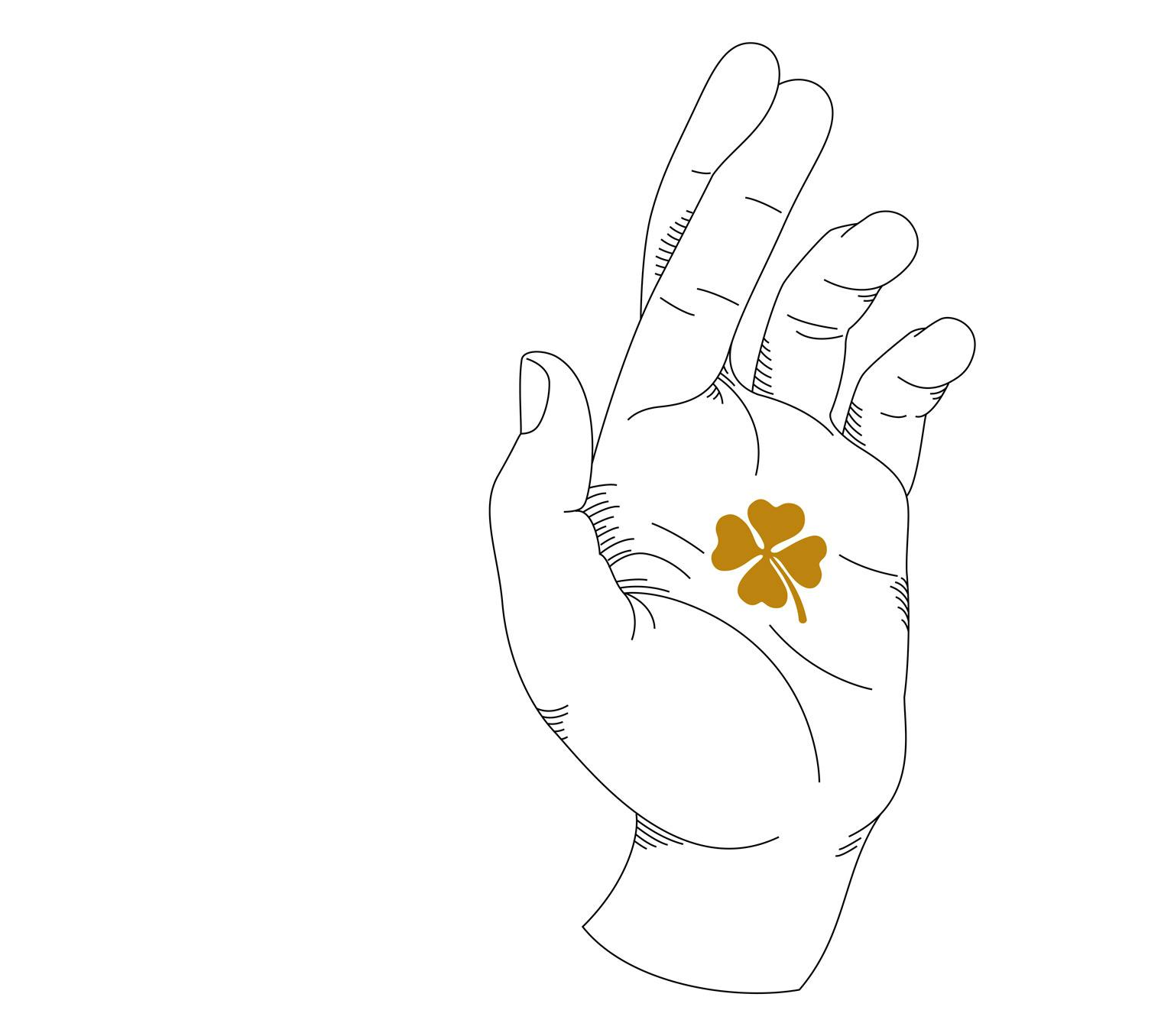 An illustration of a hand with a gold four-leaf clover in the middle