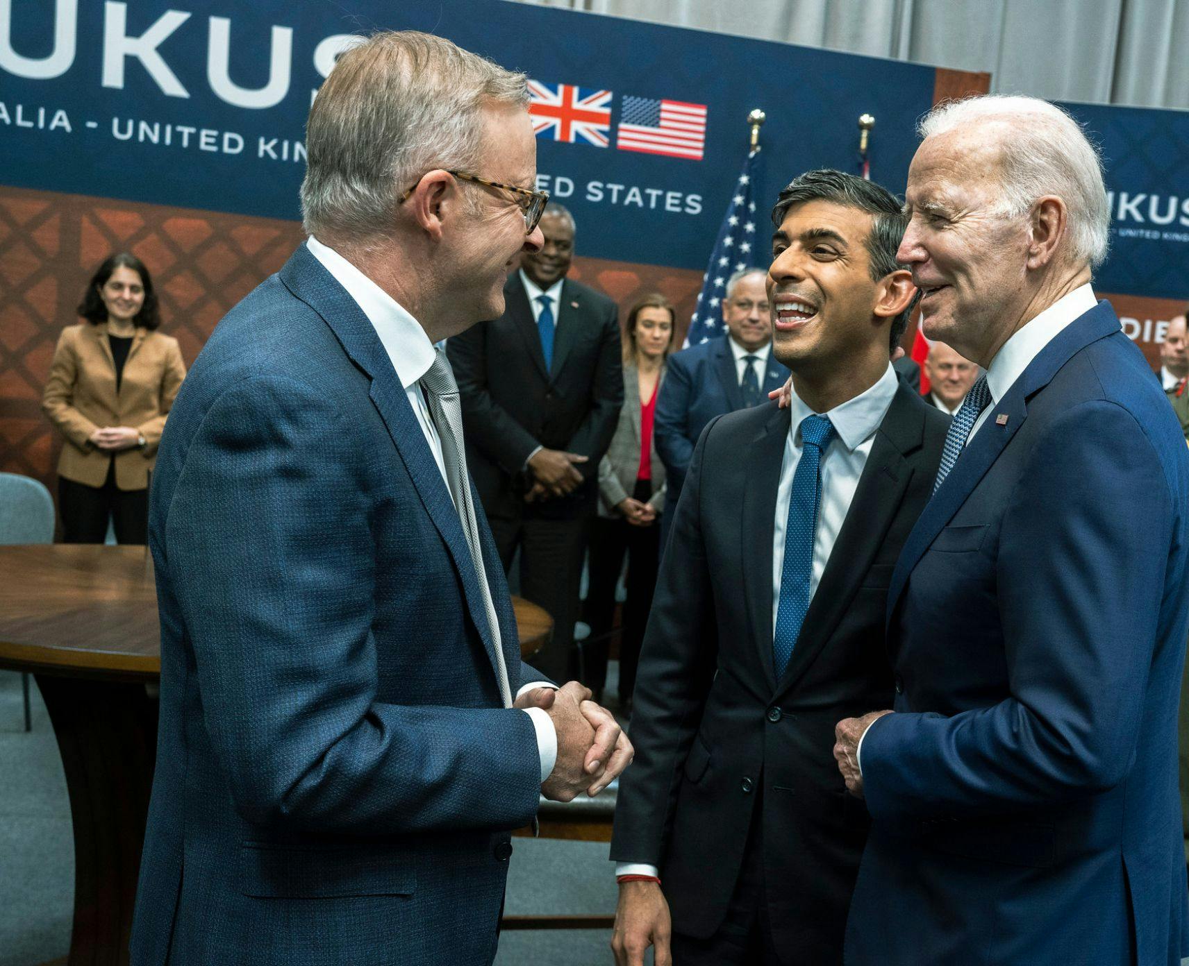 Anthony Albanese, Rishi Sunak and Joe Biden at an AUKUS event