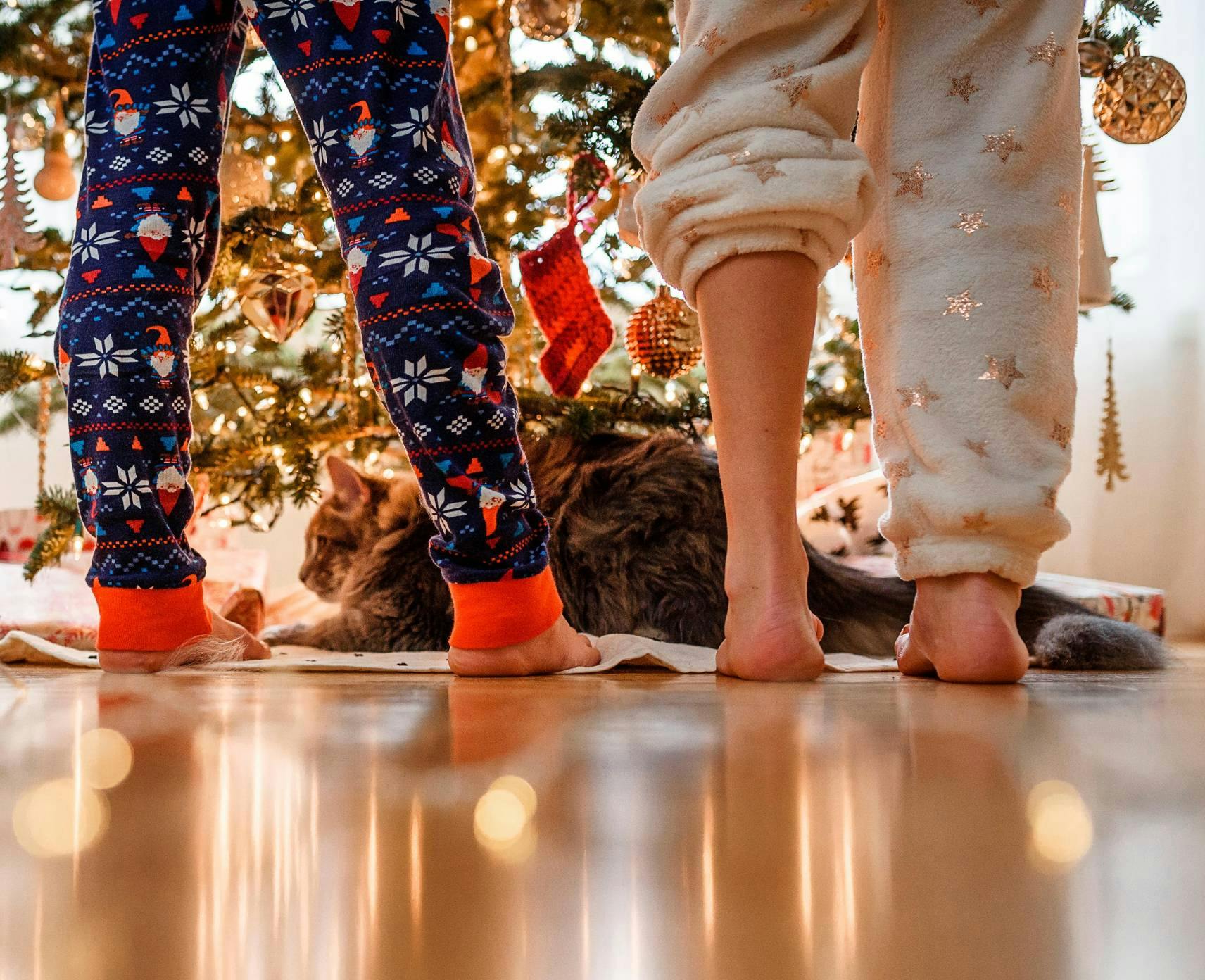 The legs of three children in pyjamas as they surround a Christmas tree