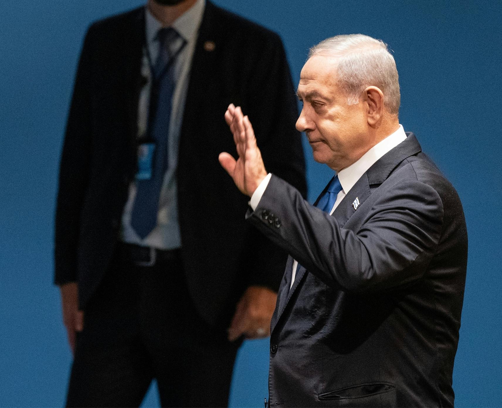 Prime Minister of Israel, Benjamin Netanyahu, waves as he leaves after speaking at the 78th Session of the UN General Assembly in New York, 22 September 2023