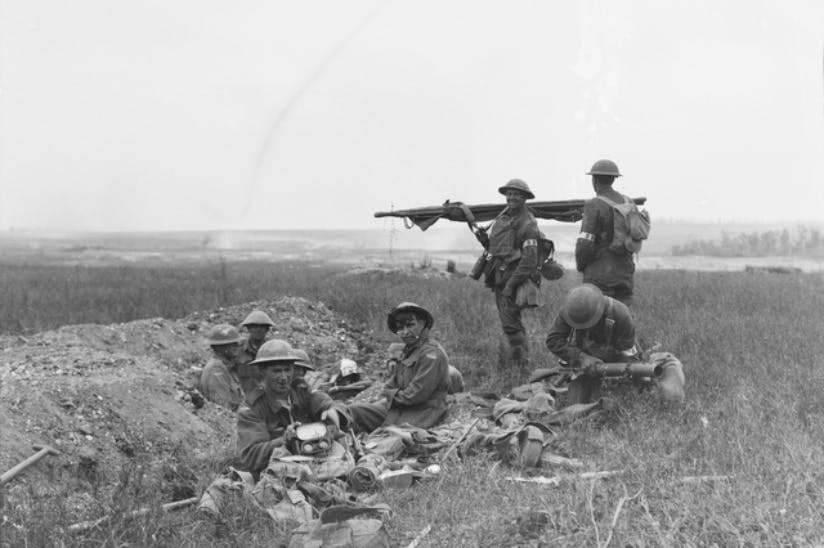 American and Australian stretcher bearers working together near the front line during the Battle of Hamel in 1918